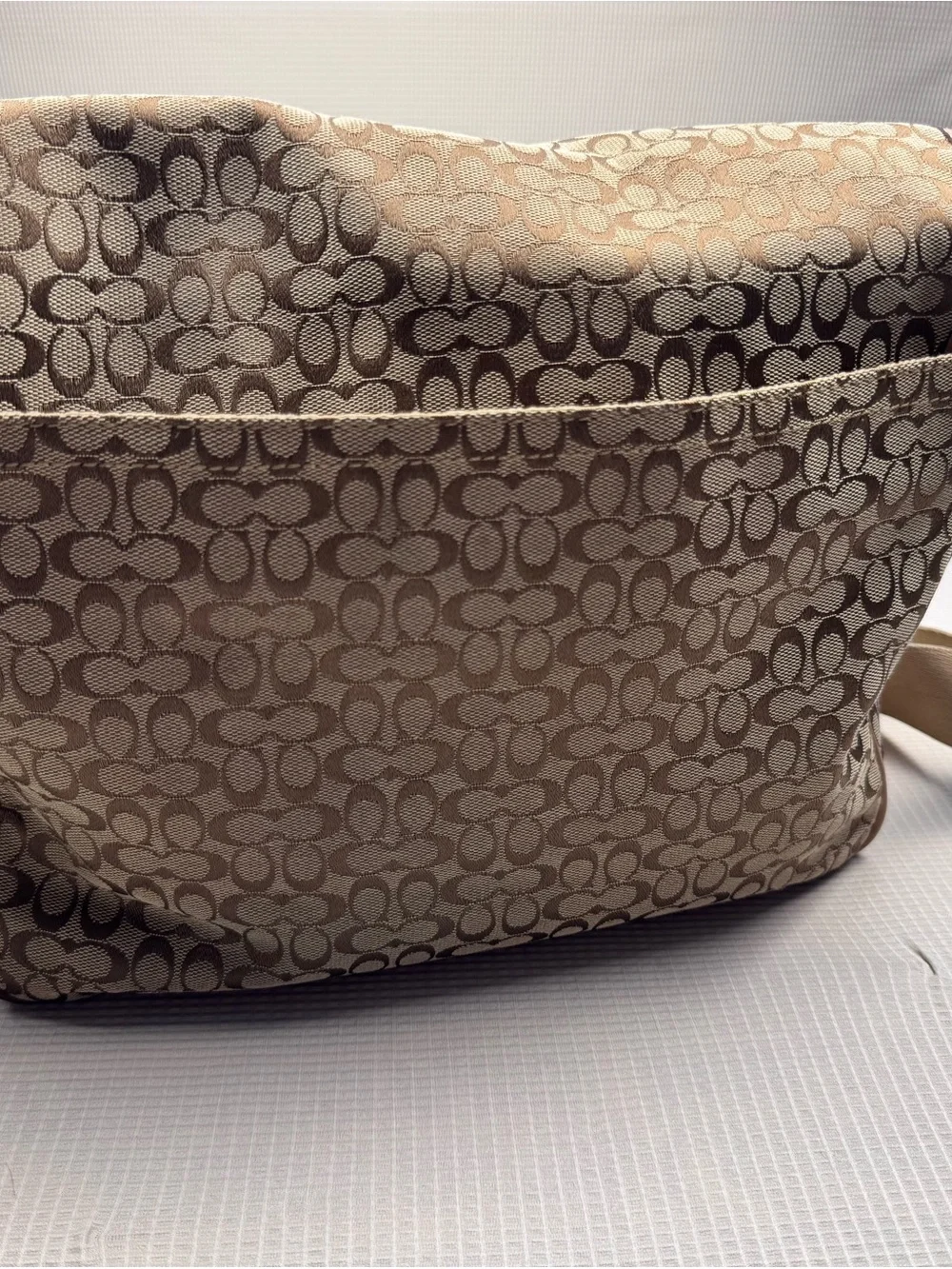Coach Tan Signature Canvas Messenger Bag with Brown Leather Trim